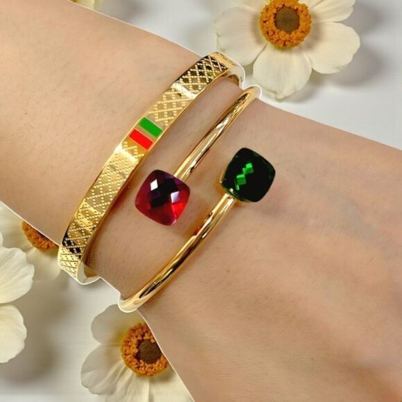 🆕 2-Piece Gold Plated Stainless Steel Cuff & Bangle Set With Rhinestone Charms - Picture 10 of 14